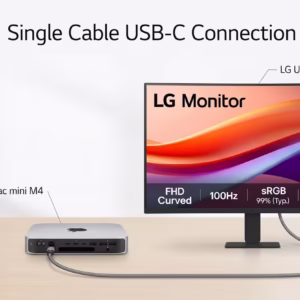 LG 27U421A-B 27-inch FHD curved USB-C monitor connected to Mac mini M4 with single cable setup.