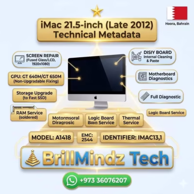 Professional iMac 2012 Repair for A1418 models featuring non-upgradable NVIDIA GPU service and SSD upgrades at BrillMindz Bahrain.