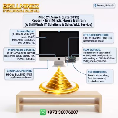 Professional iMac 21.5-inch Late 2013 Repair featuring A1418 screen fix, SSD upgrade, and 16GB RAM service at BrillMindz Hoora Bahrain.