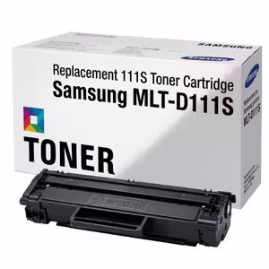 Samsung MLT-D111S Black Toner Cartridge for Xpress M2020/M2070 series with retail box, against a plain white background.