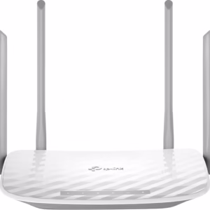 Front straight view of TP-Link Archer C50 AC1200 router showing four fixed antennas and LED indicator panel.