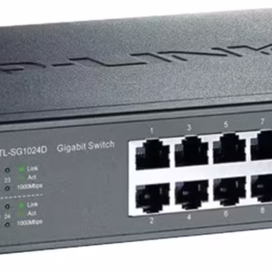 Front straight view of TP-Link TL-SG1024D 24-port switch showing 24 Gigabit Ethernet ports with per-port LED status lights.