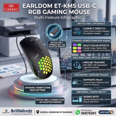 Earldom ET-KM5 USB-C RGB Gaming Mouse Infographic for Laptops and PC