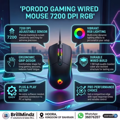 Porodo Gaming Wired Mouse 7200 DPI RGB Infographic BrillMindz Bahrain