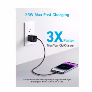 Close up of Anker 33W Charger Bahrain showing both USB-C and USB-A charging ports.
