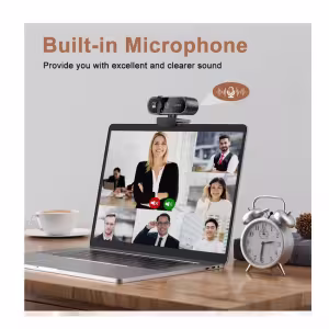 A side-by-side view showing the small, portable mini design of the Lenovo 4K webcam compared to a standard laptop.