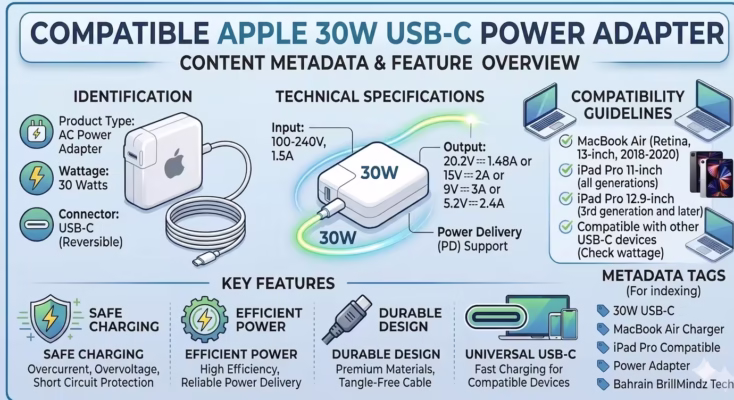 Infographic detailing compatibility and features of the Apple 30W USB-C compatible power adapter, showing support for MacBook Air and iPad models.