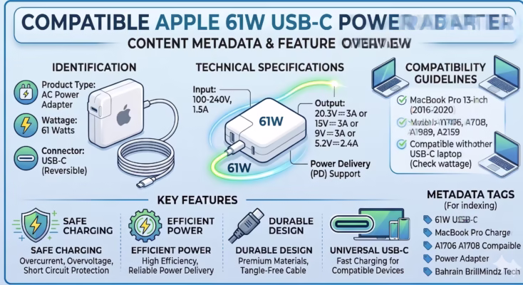 61W USB-C Adapter compatibility chart for MacBook Pro 13-inch models A1706 and A1708