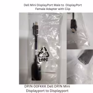 A high-quality Dell Mini DP to DP Adapter showing the Mini DisplayPort male connector and the DisplayPort female port with a secure clip.