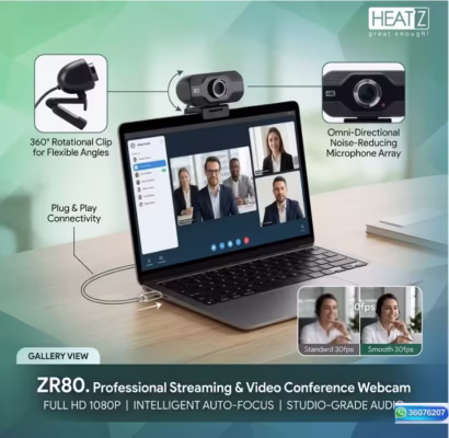 Infographic of the Heatz ZR80 webcam highlighting the 360-degree rotational clip, plug-and-play USB connectivity, and noise-reducing microphone array.