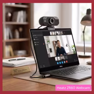 The Heatz ZR80 webcam shown alongside logos for popular video platforms like Zoom, Microsoft Teams, and Skype, indicating its full compatibility.