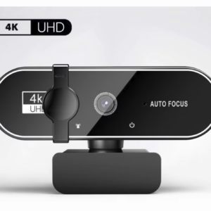 A professional Lenovo 4K Webcam in black showing the compact lens and USB cable.