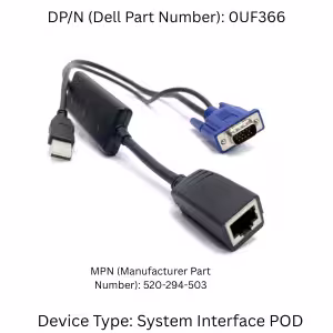 Close-up of the RJ-45 network port and the manufacturer label on the Dell 520-294-503 KVM adapter.
